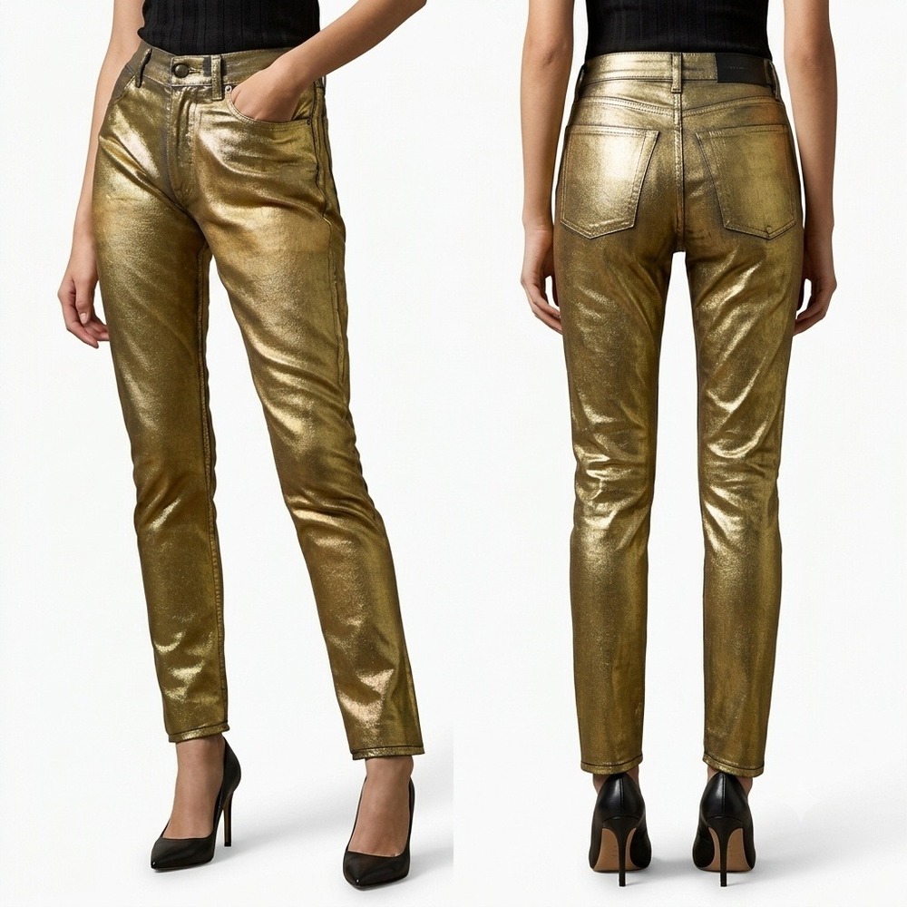 Ralph Lauren Purple Label Gold Metallic Textured Pant Women 28Wx 28L Italy NWOT